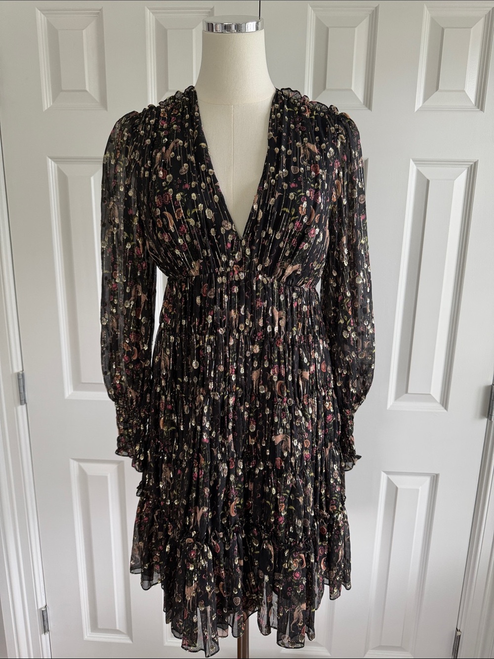 Sandro Paris Floral V-Neck Tiered Dress Black Metalic Long Sheer Sleeves Size 4